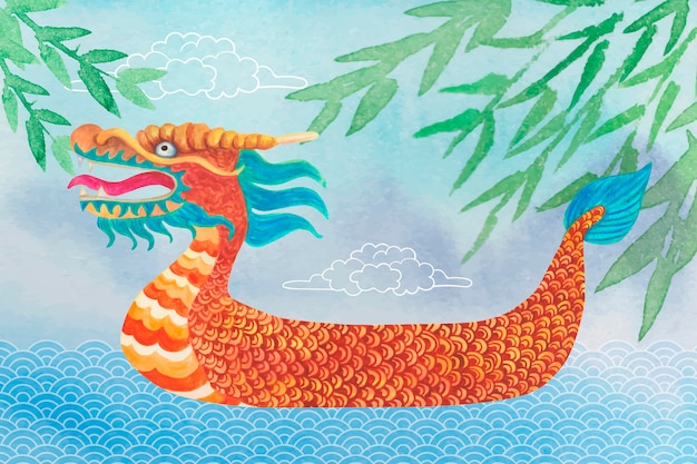 Бесплатное векторное изображение Лодка с цветной головой дракона и листьями