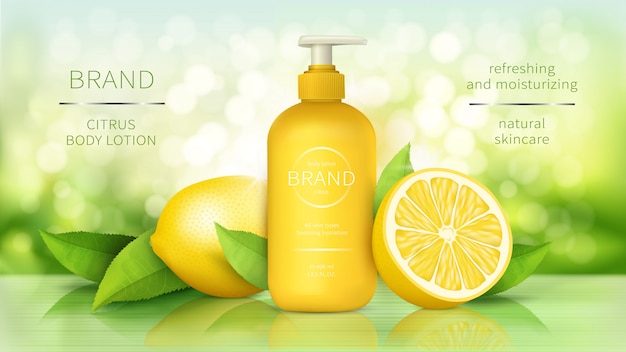 Free vector body lotion with lemon, skin care cosmetics realistic ads poster dispenser bottle with organic moisturizer