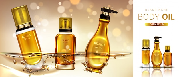 Body oil cosmetics product bottles banner.