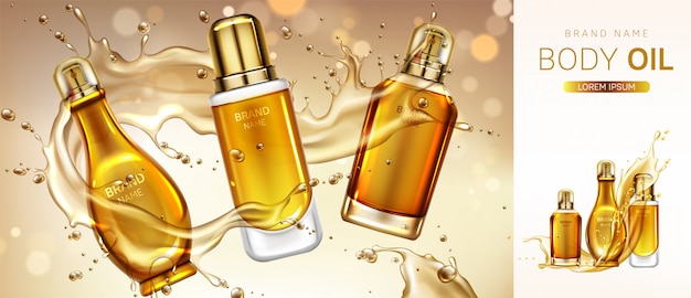 Body oil cosmetics product bottles banner.