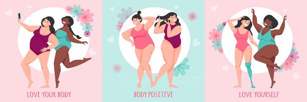 Body positive design concept with square compositions of female plus size characters with ornate text captions vector illustration