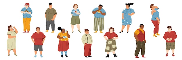 Free vector body positive fat people with unhealthy food