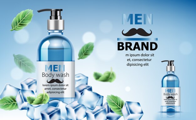 Body wash soap for men surrounded by ice and mint leaves with place for text