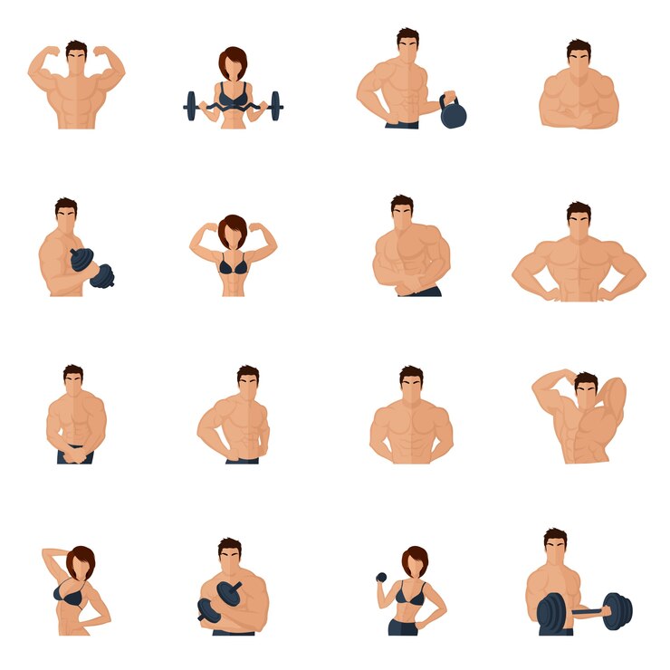 Free Vector bodybuilding fitness gym icons flat set with strong men and women figures lifting iron isolated vector illustration