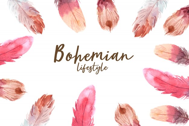 Bohemian frame design with feathers watercolor illustration.