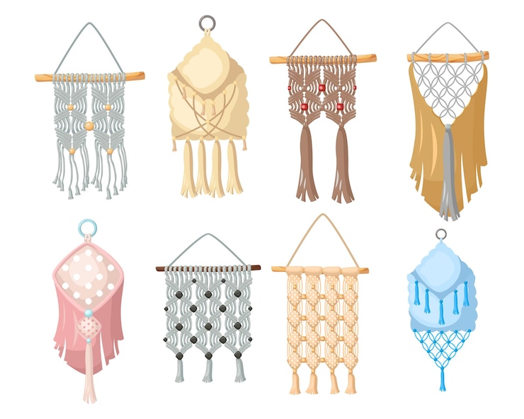 Free Vector bohemian macrame wall hanging cartoon illustration set. bundle of knitted home handmade decorations in boho or scandinavian style for hygge atmosphere and interior decor. handcraft, cozy house concept