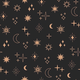 Boho astrology and star seamless pattern, magic celestial night concept, moon and sun objects, bohemian symbols. gold line art, modern trendy vector illustration in doodle flat style, black background
