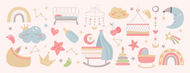 Бесплатное векторное изображение Декорация детской комнаты в скандинавском стиле с милыми лунными облаками, звездами, радугой и