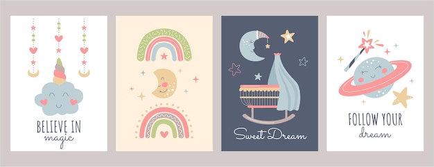 Boho baby posters with cute rainbow moon clouds and planet in Scandinavian style