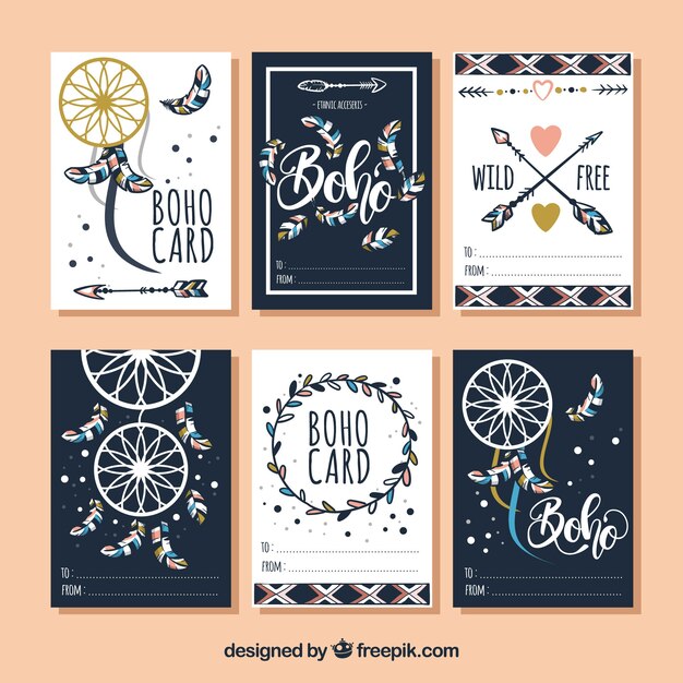 Boho cards collection in hand drawn style