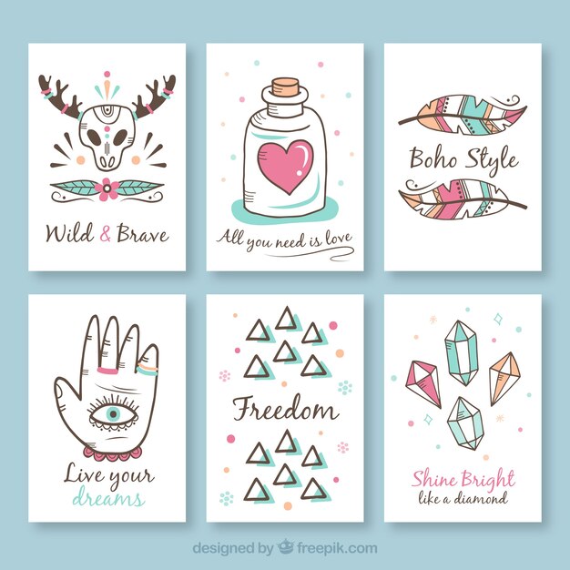 Boho cards collection in hand drawn style
