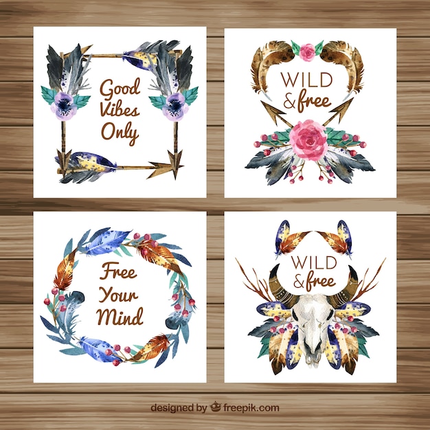 Boho cards collection in watercolor style