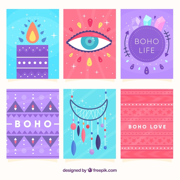 Free vector boho cards collection with hippie elements