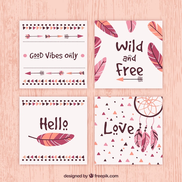 Boho cards collection with hippie elements