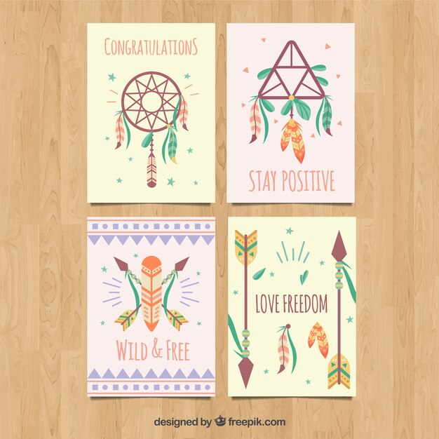 Boho cards collection with hippie elements