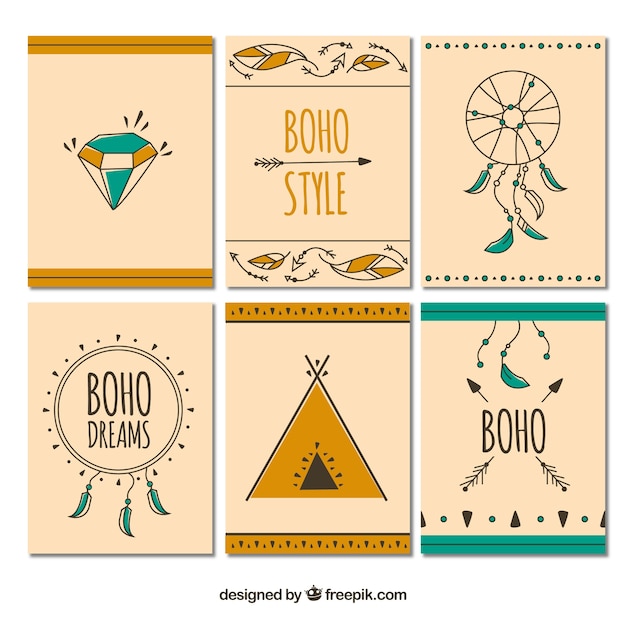 Vettore gratuito collezione di carte boho con elementi hippie