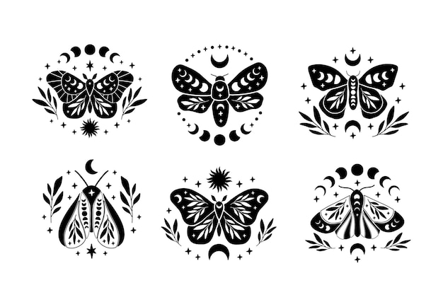 Boho celestial butterfly vector illustration set. mystical moth with moon phases, sun. black magic insect on white background. esoteric symbol. design for poster, card, t shirt print, sticker.