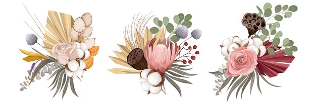 野花と国産トウモロコシのイラストと3つの孤立した花束の構成で自由奔放に生きるドライフラワーブーケ