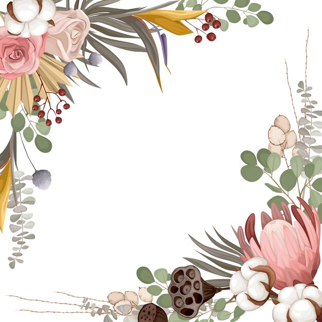 Boho dried flowers composition with empty space surrounded by fresh leaves and flowers with ripe leaves illustration