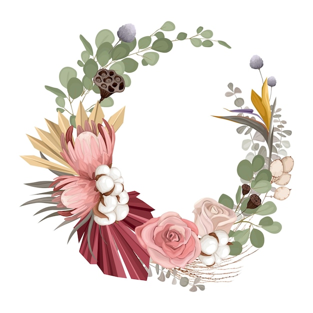 Композиция из сухоцветов бохо с цветами растений и круговыми композициями из красочных цветов с векторной иллюстрацией теней
