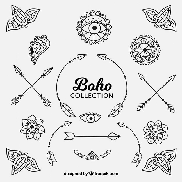 Boho elements collection in hippie style