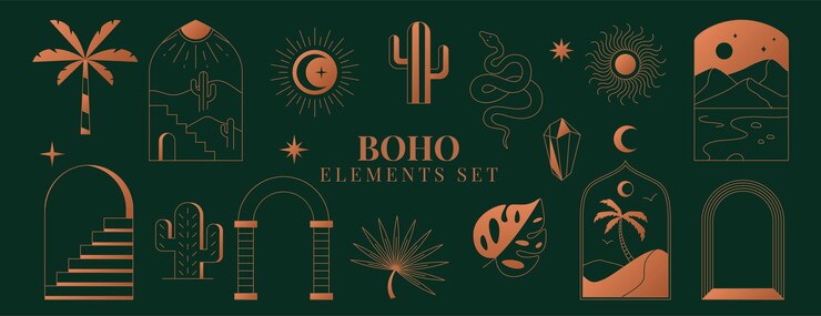 मुफ़्त वेक्टर boho elements set bohemian mystic line cactus sun moon crystal palm stairs desert landscape and arch