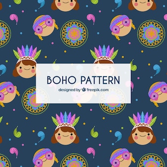 Boho pattern with flat mandalas and hippies