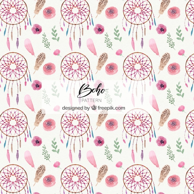 Boho pattern with watercolor dreamcatchers