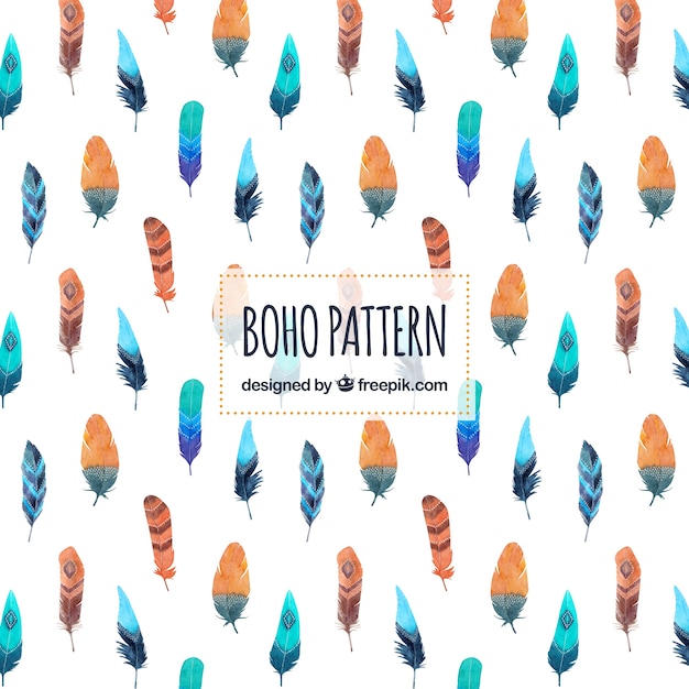 Boho pattern with watercolor feathers