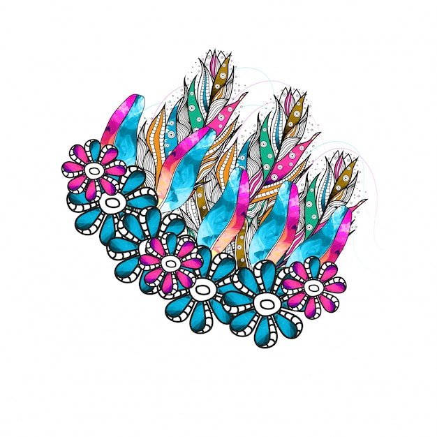 Free vector boho style colorful flowers with ethnic feathers, hand drawn ornamental element.