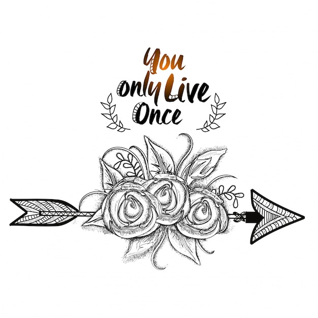 Boho style, hand drawn flowers with ethnic arrow. black and white illustration.