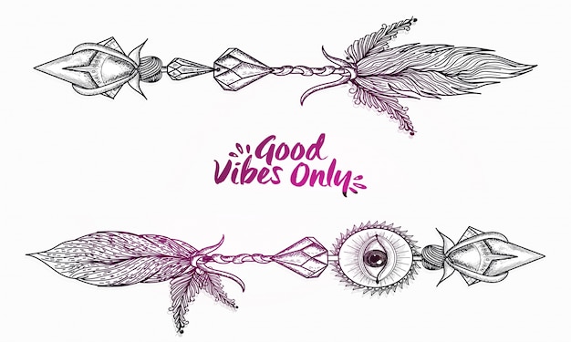 ボホスタイル、手描きの装飾的な矢印のテキストGood Vibes Onlyのテキスト。