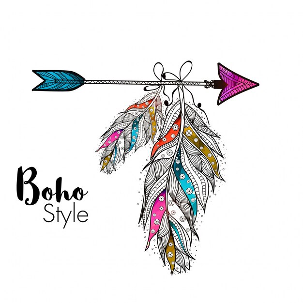 Bohoスタイルの装飾的な羽は、クリエイティブな手で描かれた民族的要素を矢にぶら下がっています。