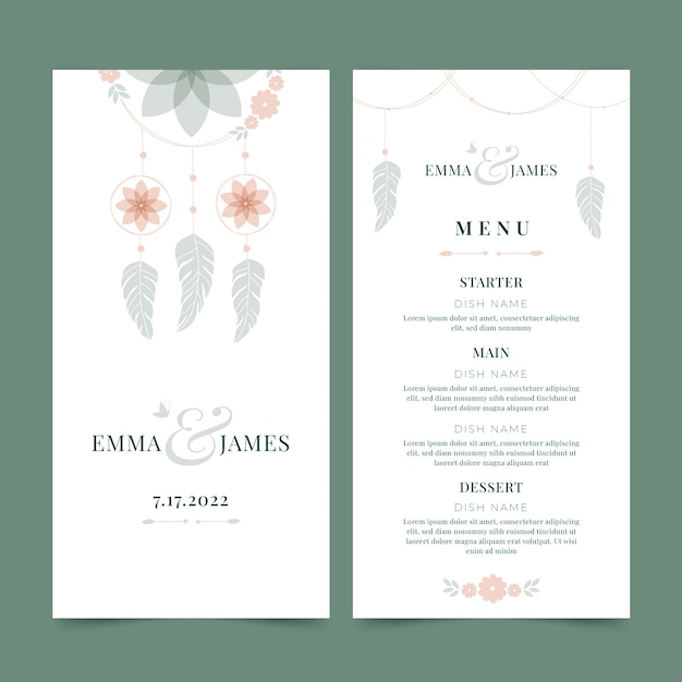 Free vector boho style wedding menu template