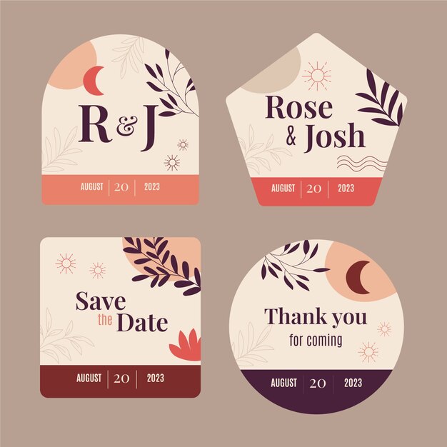 Free vector boho wedding celebration labels template