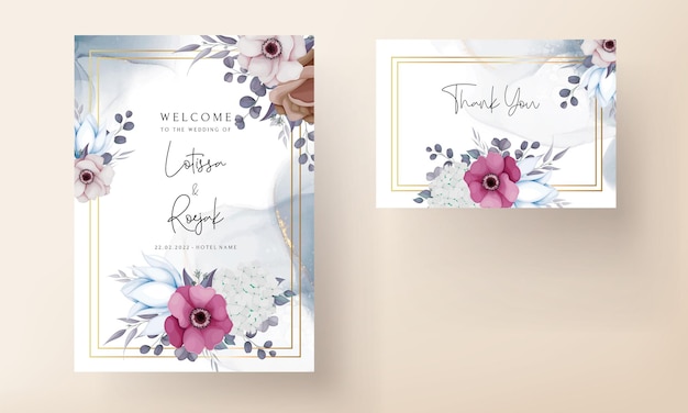 boho wedding invitation card with beautiful flower and leaves