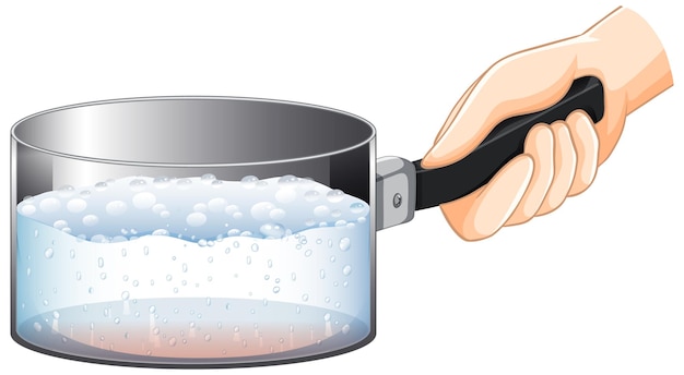 Boiled water in saucepan with hand