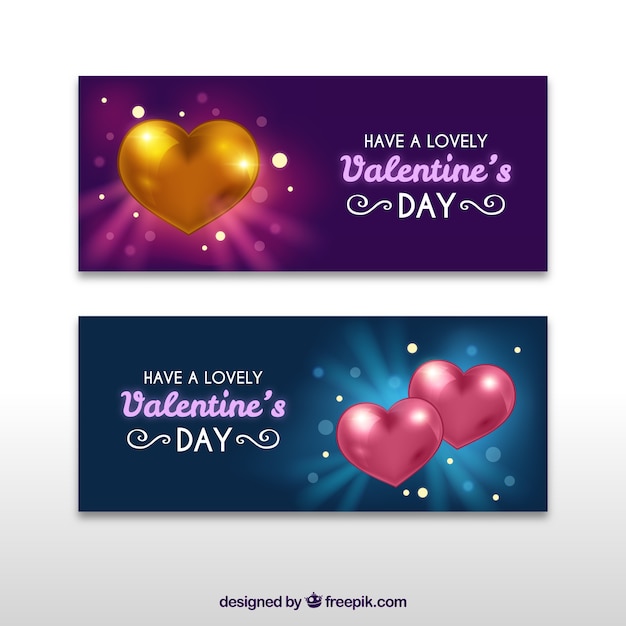 Bokeh banners with shiny hearts for valentine's day