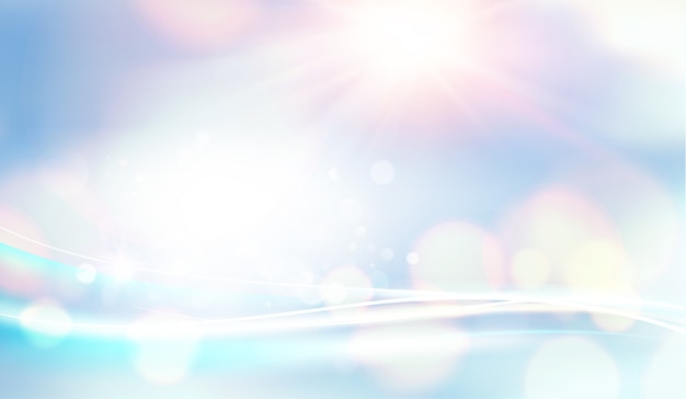 Bokeh and lens flare on light blue sky background.