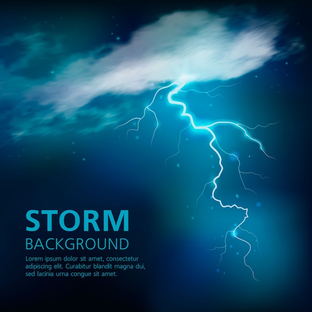 Bolt of lightning in blue color with illuminated half transparent clouds in night sky vector illustration