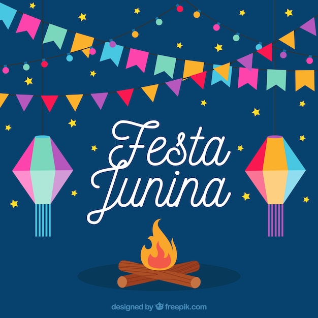 Bonfire background with colorful party decoration junina