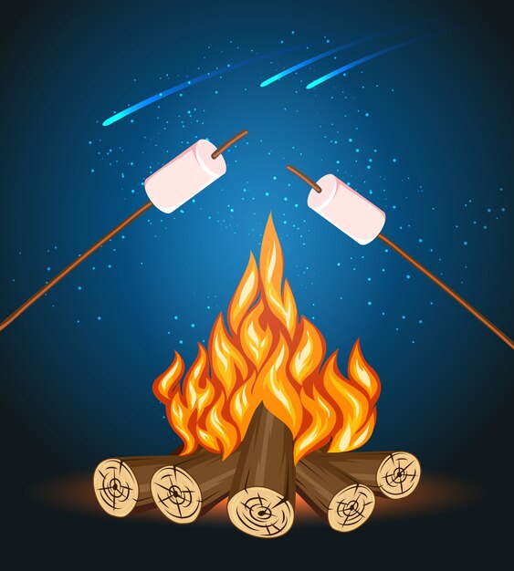 マシュマロと焚き火、キャンプグリルマシュマロベクトルイラスト。屋外のマシュマロ、キャンプファイヤーの夜、食べ物のマシュマロスティック