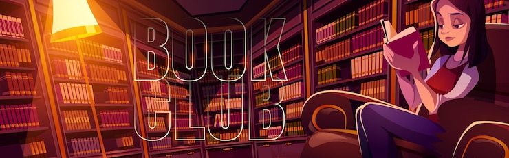 Бесплатный Вектор книжный клуб мультфильм баннер молодая женщина читает в библиотеке ночью