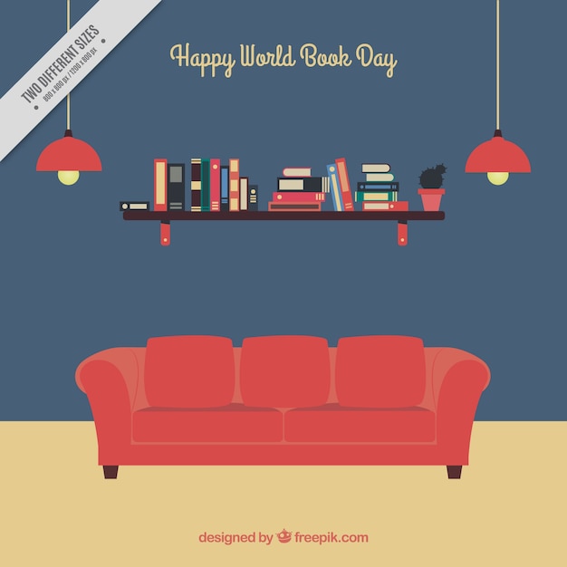 Free vector book day background with red sofa