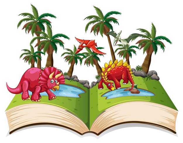 Vettore gratuito libro di dinosauro nella foresta