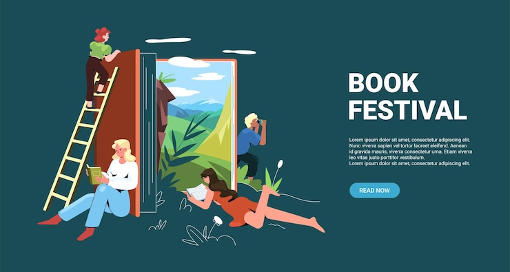 Free Vector book festival landing page with happy teenagers reading literature
