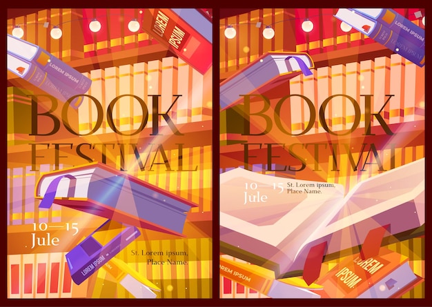 Free vector book festival posters with library interior