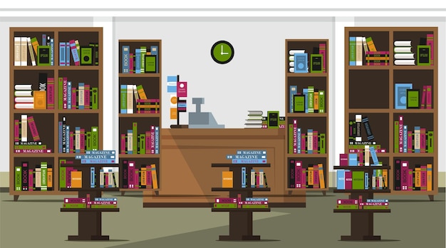 Vettore gratuito illustrazione del negozio di libri biblioteca pubblica dell'università della scuola vuota vari libri e libri di testo degli studenti sugli scaffali e alla cassa all'interno