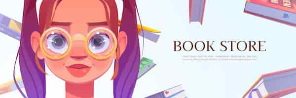 Free vector book store cartoon banner with young woman face