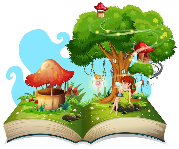 Free Vector book with fairies flying in garden